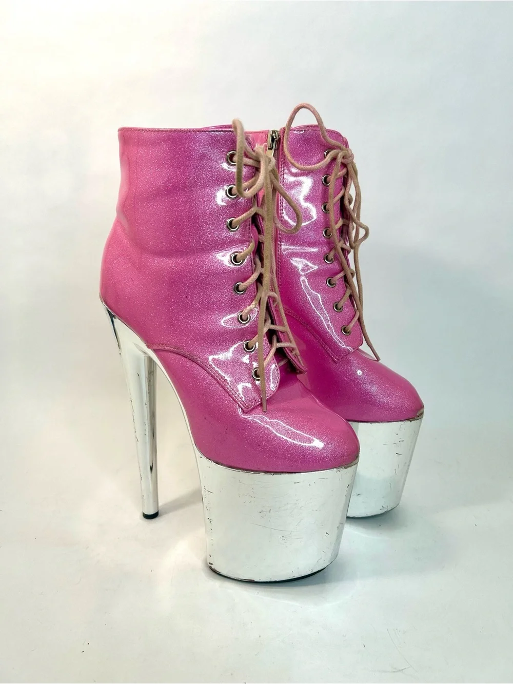 Golden Bulls Pink Glitter Patent Chrome Platform High Heel Ankle Boots size 7.5